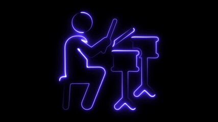 Neon drummer playing drums abstract silhouette glowing blue lines on black background rhythmic beat music performance