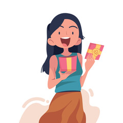 Woman with Gift Box Wrapped with Ribbon Vector Illustration