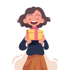 Woman with Gift Box Wrapped with Ribbon Vector Illustration