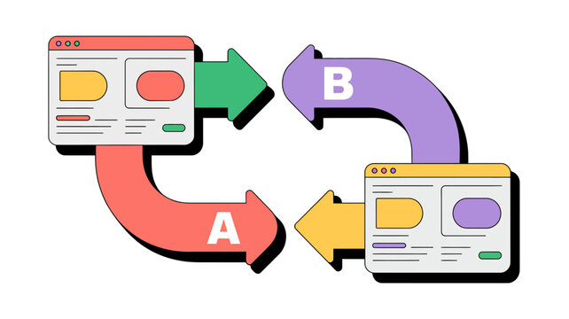 A b testing concept illustration with two web pages and directional arrows showing comparison and iteration