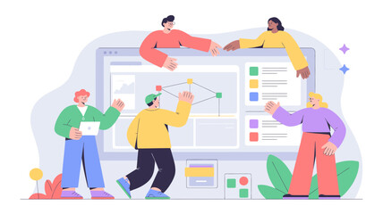 Diverse team collaborating on a digital project planning and strategizing together on a large screen interface