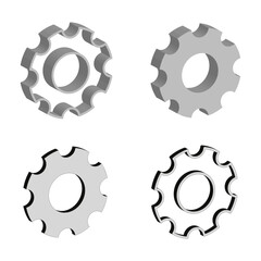 Geometric cogwheel shapes. Industrial gear element. Four gray Vector. Abstract mechanical set.