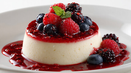 Delicate creamy dessert crowned with fresh mixed berries and sweet berry sauce.