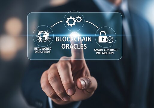 A businessman is pointing at a digital screen displaying the concept of blockchain oracles, which are thirdparty services that provide smart contracts with external data and information - Powered by Adobe