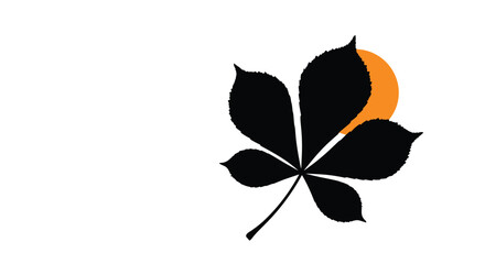 Minimalist graphic illustration of a dark horse chestnut leaf silhouette with an orange sun partially visible behind it, set against a clean white background.