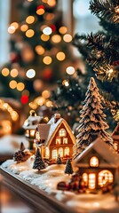 Charming holiday village with illuminated houses and decorated Christmas tree.