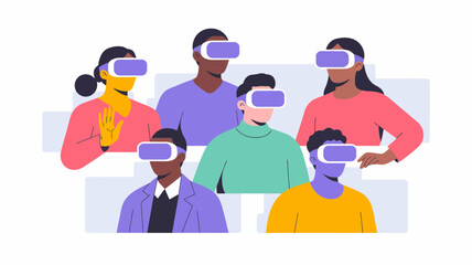 Diverse group of people wearing virtual reality headsets experiencing immersive digital worlds together