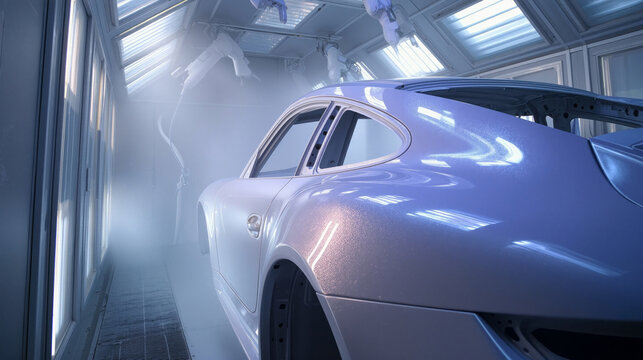 Automotive painting process: car body in a spray booth with robotic arms