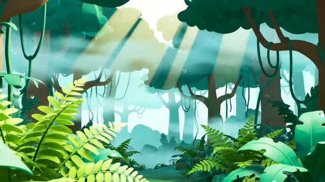 Sundappled Cartoon Jungle Lush Ferns  Trees with Rays of Light, Serene, and Nature.