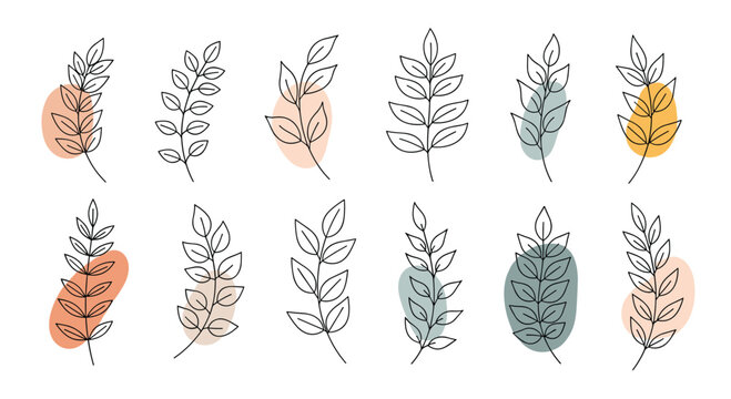 Minimalist hand-drawn botanical seamless pattern featuring various line art leaf branches, accented with soft pastel abstract shapes on a clean white background.
