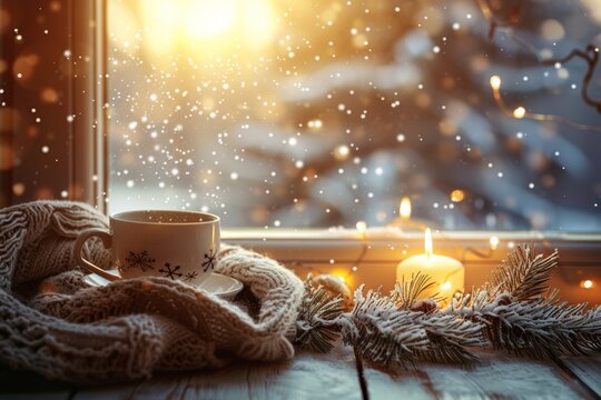 Cozy winter scene, soft falling snowflakes, warm natural light, wooden table or windowsill, cup of chocolate or tea, soft blanket, candlelight, pine branches.