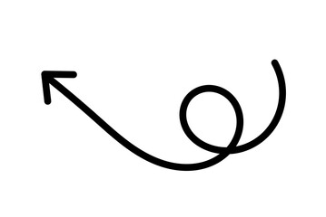 Curved spiral arrow icon in black hand-drawn style for creative direction, infographic, and presentation design on transparent background