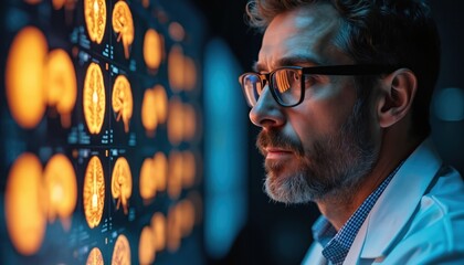 Male doctor wears glasses, studies brain scans on screen. Medical pro analyzes MRI images in dark room. Scientist researches neurology with advanced tech.