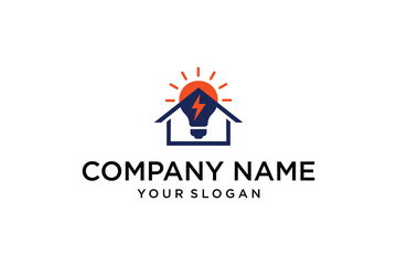 Home Energy Solution Logo with House, Light Bulb, Lightning Bolt, and Sun Symbol