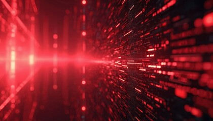 Abstract red digital stream data flow. Binary code background with glowing particles, tech concept for cyber security and data processing. Network grid, info, cyberspace.