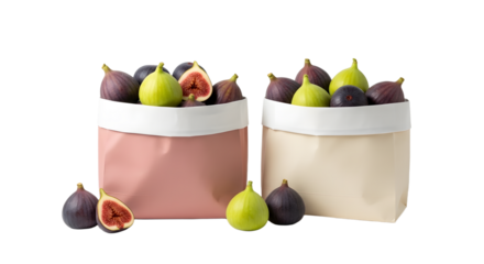 Fresh ripe figs in reusable fabric bags on white background, healthy organic fruit perfect for cooking and snacking