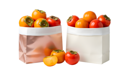 Fresh ripe persimmons in white and rose gold paper bags with loose fruit on white background, healthy autumn fruit perfect for seasonal recipes