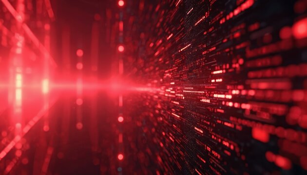Abstract red digital stream data flow. Binary code background with glowing particles, tech concept for cyber security and data processing. Network grid, info, cyberspace.
