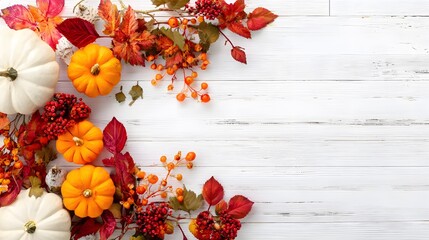 Stock flat-lay shot from above: white wooden tabletop, right-side cluster of pastel pumpkins and colorful maple leaves, vast clean area left for your design or text