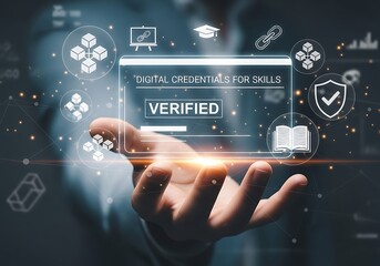 A person is holding a digital interface displaying verified digital credentials for skills, representing the future of education, learning, and career development