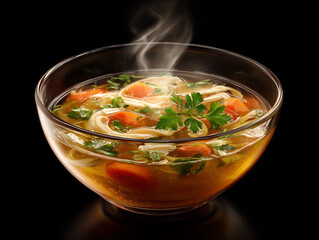 Steaming hot bowl of chicken noodle soup with fresh herbs and vegetables, comforting and delicious.