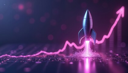 Rocket launches with bright pink flame near growing finance graph and bokeh lights. Digital technology startup ascends with upward trend. Business success and profit growth.
