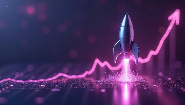 Rocket launches with bright pink flame near growing finance graph and bokeh lights. Digital technology startup ascends with upward trend. Business success and profit growth.