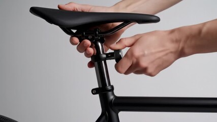Person Adjusting Bicycle Seat Post Height on Modern Black Bike