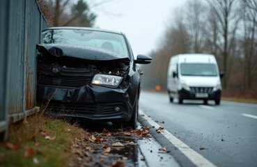 Black car crashed into metal fence on roadside. Damaged vehicle with crushed hood and bumper after accident. White van drives by on wet road. Leaves scattered around car.