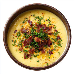Hearty and creamy corn chowder topped with crispy bacon and fresh chives in a rustic bowl
