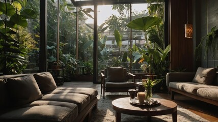 Fototapeta premium Sunlit living room with lush indoor plants and comfortable seating