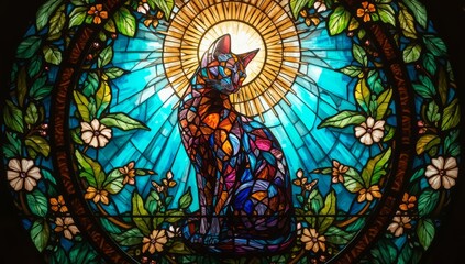 Obraz premium Stained glass cat with floral accents in a vibrant, colorful design