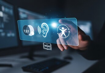 A person is pressing a digital button with the accessibility icon, which represents the degree to which a product, device, service, or environment is available to as many people as possible