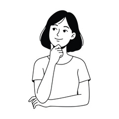 Girl thinking with hand on chin and smiling in simple black and white vector illustration © MDOmar