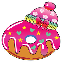 Cute Kawaii Pink Donut with Winter Pom-Pom Hat - Girl Gender Reveal or Baby Shower Treat