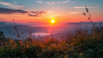 Stunning sunrise over mountain range with vibrant colors and birds flying