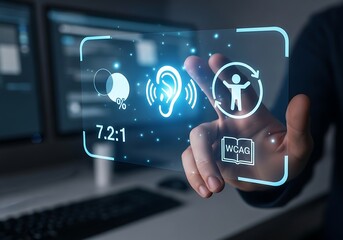 A person is pressing a digital button with the accessibility icon, which represents the degree to which a product, device, service, or environment is available to as many people as possible