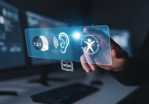 A person is pressing a digital button with the accessibility icon, which represents the degree to which a product, device, service, or environment is available to as many people as possible