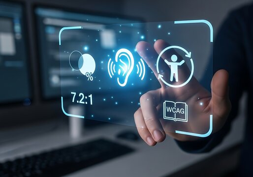 A person is pressing a digital button with the accessibility icon, which represents the degree to which a product, device, service, or environment is available to as many people as possible