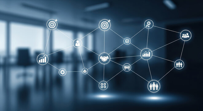 Modern Business Network Concept: Global Connections, Partnership, and Teamwork in a Corporate Setting - Visualizing Success and Collaboration