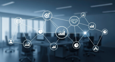 Modern Business Network Concept with Data Analytics and Team Collaboration, Visualizing Strategy, Growth, and Success in a Corporate Environment