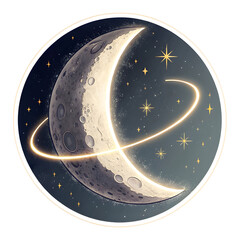 Naklejka premium Crescent moon with glowing halo in sticker style, symbolizing night and serenity, isolated on a clean white