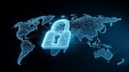 Global trade security concept featuring digital lock over connected world map symbolizing protection, tariffs control, and commerce safety in international digital trade environment - Powered by Adobe