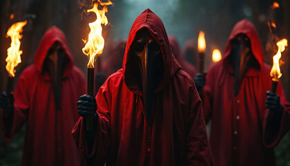 Hooded figures in red robes hold flaming torches in dark forest. Mysterious group walks, wears plague doctor masks. Ominous night ritual unfolds.