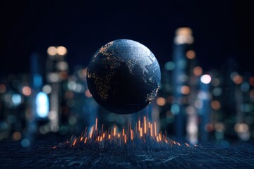 Economic growth infrastructure strategy. Floating globe with digital data visualization against a city backdrop.