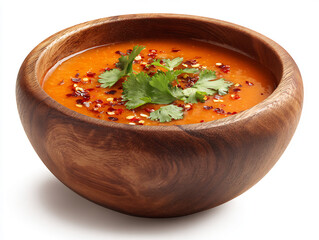 Warming bowl of vibrant, spiced tomato soup garnished with fresh cilantro and chili flakes.