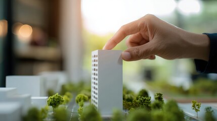 Right hand pinching top edge of miniature white building model on architectural layout with trees and soft natural light, conveying planning and creative decision
