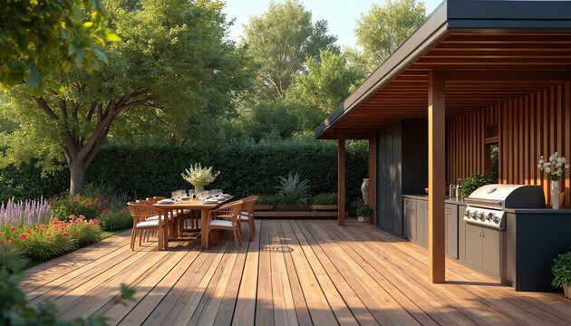 Modern wooden deck with covered outdoor kitchen area. Dining table set for guests in rich green garden. Vibrant flowers, tall trees create serene atmosphere. Backyard space ready for summer party,