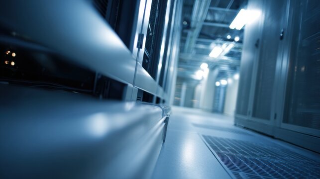Server rack aisle with cable tray and ventilation grate in cool blue data center corridor conveying high tech efficiency and controlled environment - Powered by Adobe