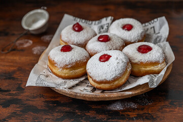 Tasty donuts with jam - Hanukkah celebration concept
